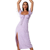 Kendall Jenner Wedding Guest Dress Backless Slit Long Dress Sexy Square-Neck Lace-up Short Sleeve Four-Sided Elastic Floral