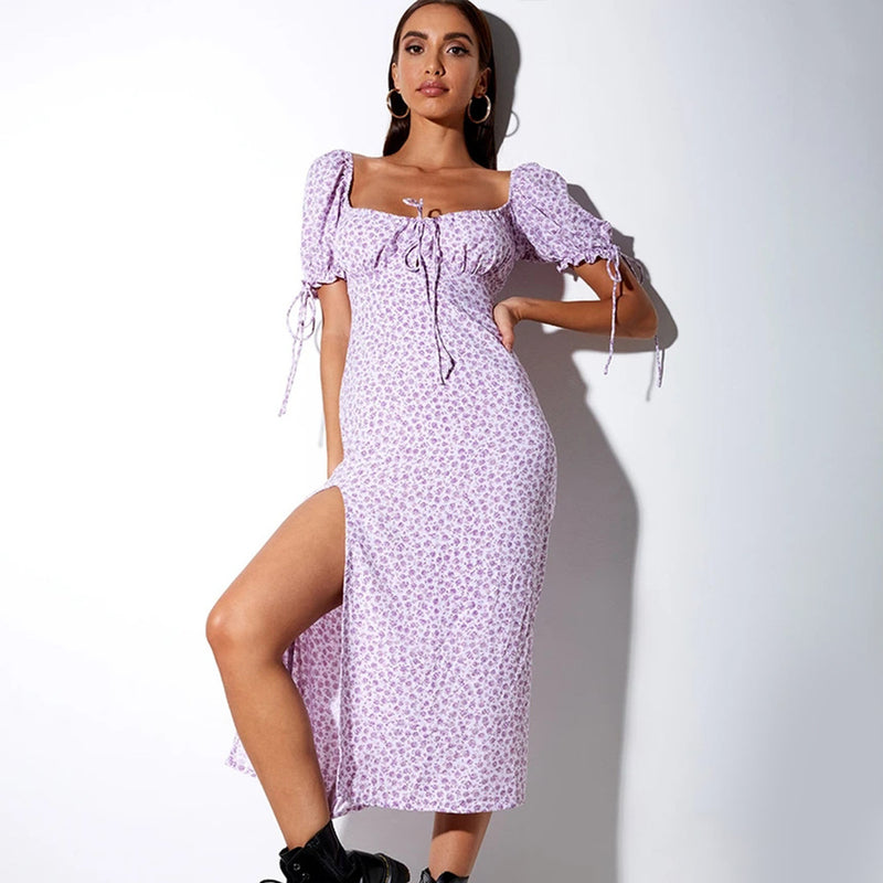Kendall Jenner Wedding Guest Dress Backless Slit Long Dress Sexy Square-Neck Lace-up Short Sleeve Four-Sided Elastic Floral