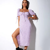 Kendall Jenner Wedding Guest Dress Backless Slit Long Dress Sexy Square-Neck Lace-up Short Sleeve Four-Sided Elastic Floral