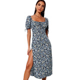 Kendall Jenner Wedding Guest Dress Backless Slit Long Dress Sexy Square-Neck Lace-up Short Sleeve Four-Sided Elastic Floral