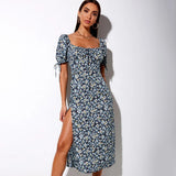 Kendall Jenner Wedding Guest Dress Backless Slit Long Dress Sexy Square-Neck Lace-up Short Sleeve Four-Sided Elastic Floral