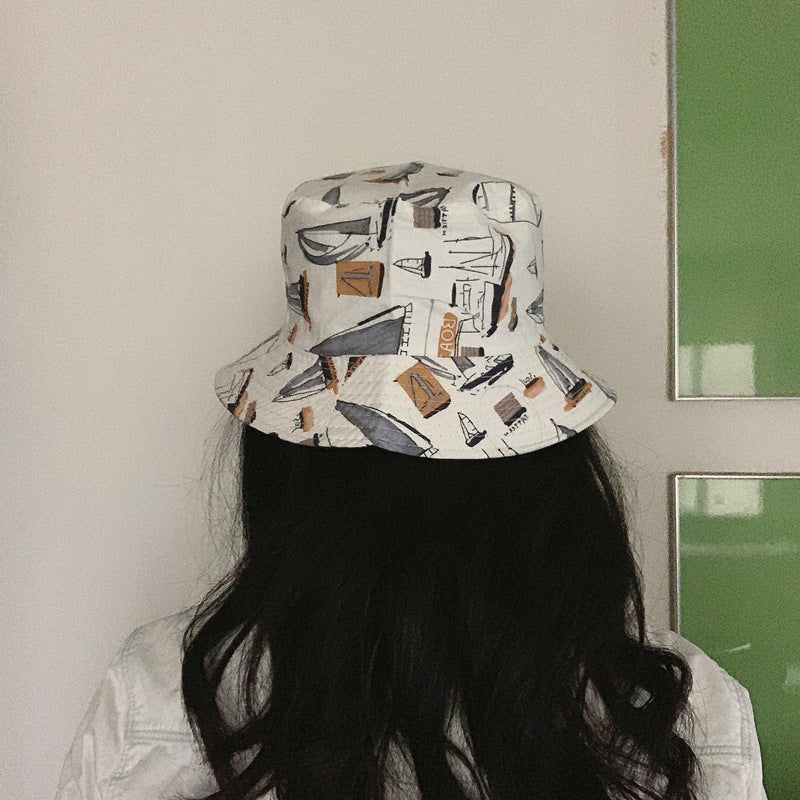 Bucket Hat Fishing Cap Cotton Print Fisherman Hat Summer Printed Graffiti Sun-Shade Sun Protection Hat