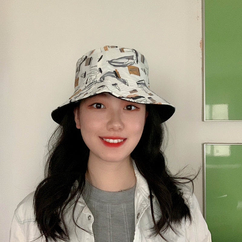Bucket Hat Fishing Cap Cotton Print Fisherman Hat Summer Printed Graffiti Sun-Shade Sun Protection Hat