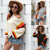 Women Pullover Knit Sweater Spring Hollow Out Beach Shirt Patchwork Knitting Rainbow Sweater for Women