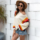 Women Pullover Knit Sweater Spring Hollow Out Beach Shirt Patchwork Knitting Rainbow Sweater for Women