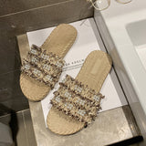 Women Open Toe Sandals Flats Summer Plaid Pearl Flat Heel Fashion Sandals