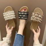 Women Open Toe Sandals Flats Summer Plaid Pearl Flat Heel Fashion Sandals