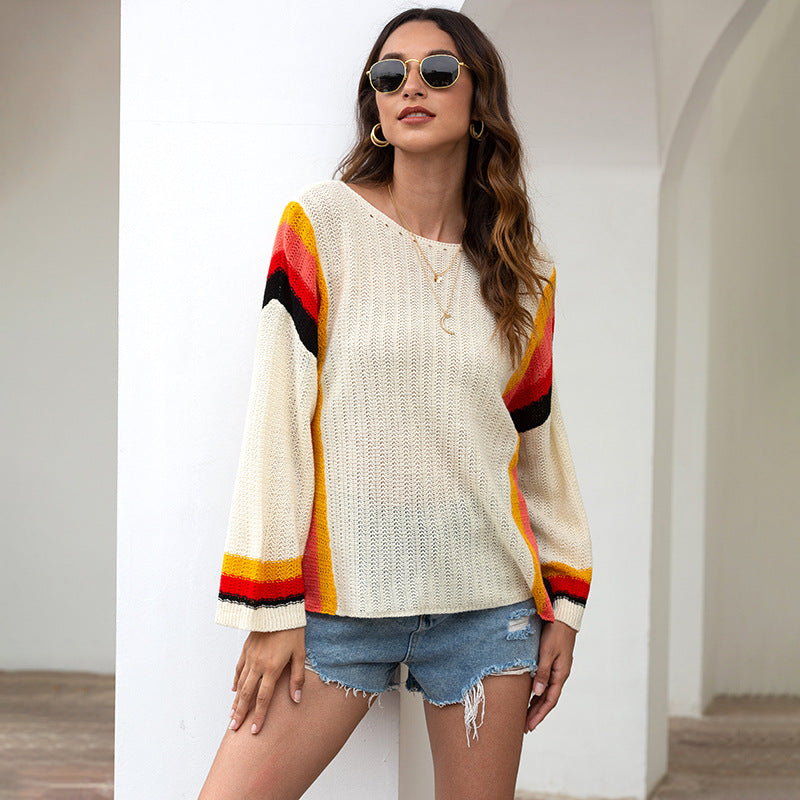 Women Pullover Knit Sweater Spring Hollow Out Beach Shirt Patchwork Knitting Rainbow Sweater for Women