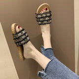Women Open Toe Sandals Flats Summer Plaid Pearl Flat Heel Fashion Sandals
