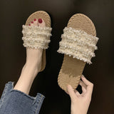 Women Open Toe Sandals Flats Summer Plaid Pearl Flat Heel Fashion Sandals