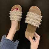 Women Open Toe Sandals Flats Summer Plaid Pearl Flat Heel Fashion Sandals