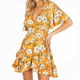 Coachella Music Festival Outfits V-neck Printed Chiffon High Waist Lace-up Irregular Dress