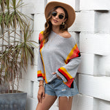 Women Pullover Knit Sweater Spring Hollow Out Beach Shirt Patchwork Knitting Rainbow Sweater for Women