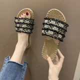 Women Open Toe Sandals Flats Summer Plaid Pearl Flat Heel Fashion Sandals