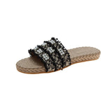 Women Open Toe Sandals Flats Summer Plaid Pearl Flat Heel Fashion Sandals