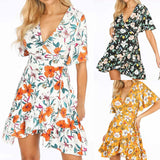 Coachella Music Festival Outfits V-neck Printed Chiffon High Waist Lace-up Irregular Dress