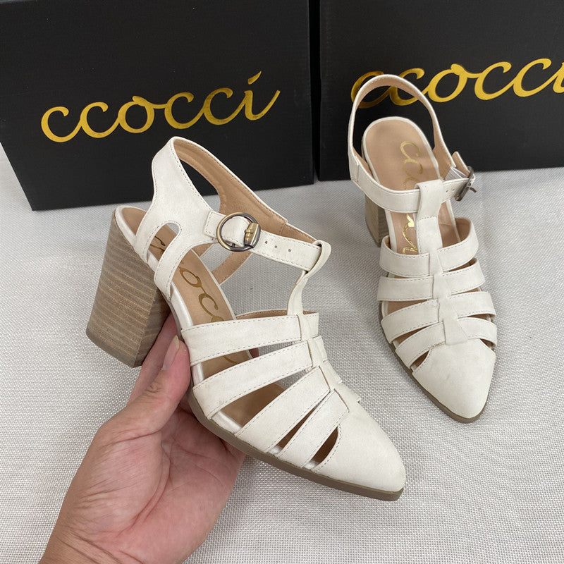 White Strappy Heels Summer New Sandals Chunky Heel Roman High Heel Women's Sandals