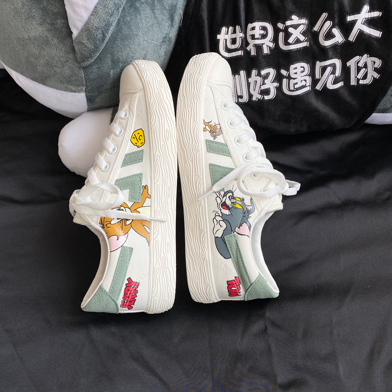 Flat Shoes Cat and Mouse Canvas Shoes Men's Cartoon Cartoon Graffiti Low-Top Sneakers Men's Shoes Trendy Shoes White Shoes Men