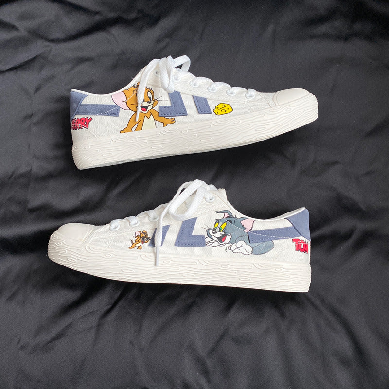 Flat Shoes Cat and Mouse Canvas Shoes Men's Cartoon Cartoon Graffiti Low-Top Sneakers Men's Shoes Trendy Shoes White Shoes Men
