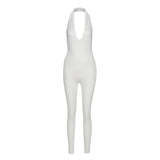 Women's Spring Clothing Sexy Backless Halter Sleeveless V-neck Hip Lifting Sport Jumpsuit