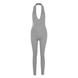 Women's Spring Clothing Sexy Backless Halter Sleeveless V-neck Hip Lifting Sport Jumpsuit