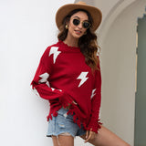 Women Pullover Knit Sweater Lightning Ripped Tassel Pullover Sweater for Women