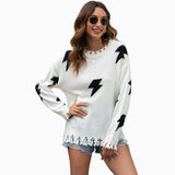 Women Pullover Knit Sweater Lightning Ripped Tassel Pullover Sweater for Women