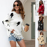 Women Pullover Knit Sweater Lightning Ripped Tassel Pullover Sweater for Women
