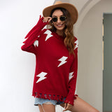 Women Pullover Knit Sweater Lightning Ripped Tassel Pullover Sweater for Women