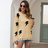 Women Pullover Knit Sweater Lightning Ripped Tassel Pullover Sweater for Women