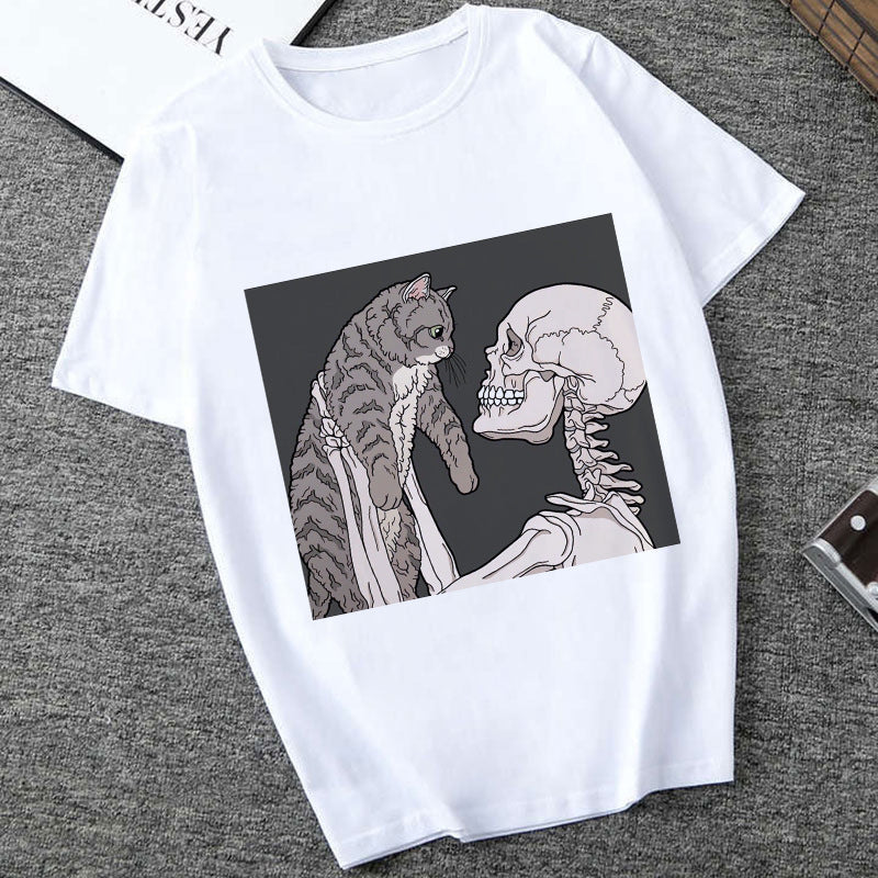 Skull T Shirt Skull and Cat Print