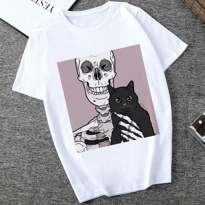 Skull T Shirt Skull and Cat Print