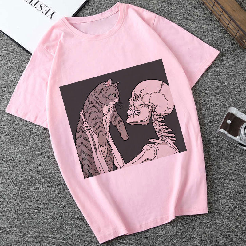 Skull T Shirt Skull and Cat Print