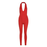Women's Spring Clothing Sexy Backless Halter Sleeveless V-neck Hip Lifting Sport Jumpsuit