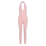 Women's Spring Clothing Sexy Backless Halter Sleeveless V-neck Hip Lifting Sport Jumpsuit