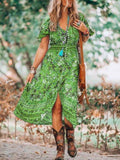 Gypsy Style Dresses V-neck Printed Beach Slit Elastic