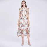 Kendall Jenner Wedding Guest Dress Hepburn Style Mid-Length Temperament Waist-Controlled Slimming Mesh Embroidery Floral