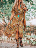 Gypsy Style Dresses V-neck Printed Beach Slit Elastic