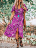 Gypsy Style Dresses V-neck Printed Beach Slit Elastic