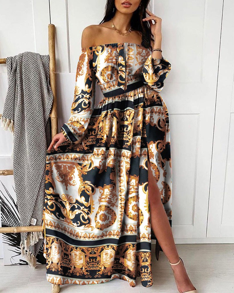 Long Homecoming Dresses Printed V-neck Pullover Retro Long Sleeve Big Hem Split Dress
