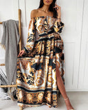 Long Homecoming Dresses Printed V-neck Pullover Retro Long Sleeve Big Hem Split Dress