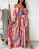 Long Homecoming Dresses Printed V-neck Pullover Retro Long Sleeve Big Hem Split Dress