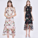 Kendall Jenner Wedding Guest Dress Hepburn Style Mid-Length Temperament Waist-Controlled Slimming Mesh Embroidery Floral