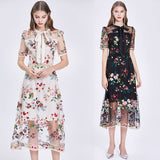 Kendall Jenner Wedding Guest Dress Hepburn Style Mid-Length Temperament Waist-Controlled Slimming Mesh Embroidery Floral