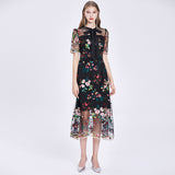 Kendall Jenner Wedding Guest Dress Hepburn Style Mid-Length Temperament Waist-Controlled Slimming Mesh Embroidery Floral