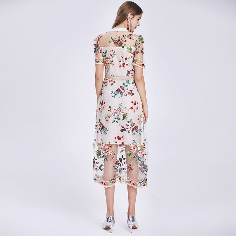 Kendall Jenner Wedding Guest Dress Hepburn Style Mid-Length Temperament Waist-Controlled Slimming Mesh Embroidery Floral