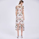 Kendall Jenner Wedding Guest Dress Hepburn Style Mid-Length Temperament Waist-Controlled Slimming Mesh Embroidery Floral