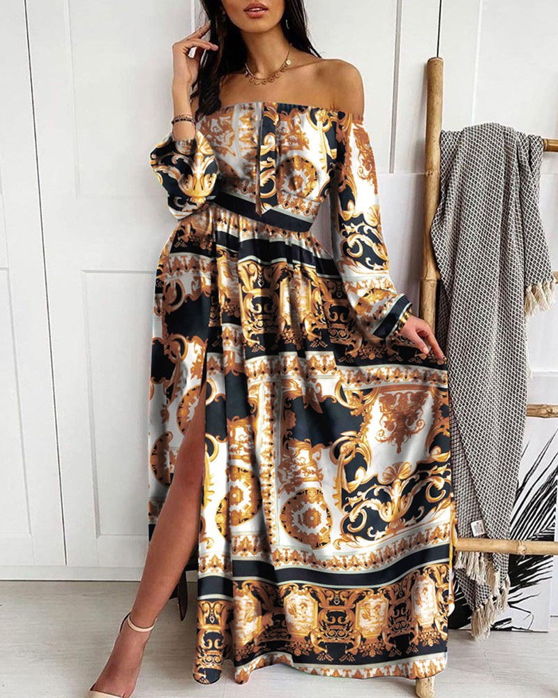Long Homecoming Dresses Printed V-neck Pullover Retro Long Sleeve Big Hem Split Dress