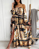 Long Homecoming Dresses Printed V-neck Pullover Retro Long Sleeve Big Hem Split Dress