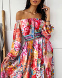 Long Homecoming Dresses Printed Dress V-neck Pullover Vintage Long Sleeve Big Hem